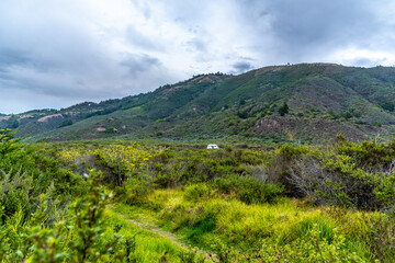 Obraz premium Green Rolling Hills With a Camper Van on the California Coastal Highway on a Cloudy Day