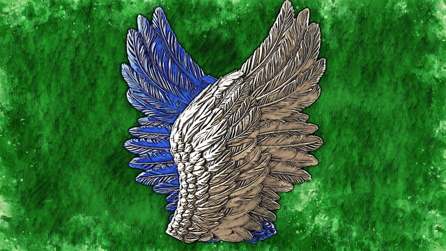 Overlapping white-blue wings under green background. Concept image of free activity, decision without regret and strategic action. 3D illustration combined pencil sketch and watercolor sketch.
