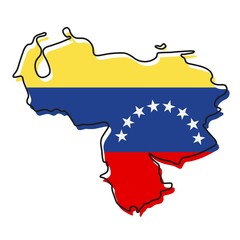Stylized outline map of Venezuela with national flag icon. Flag color map of Venezuela illustration.