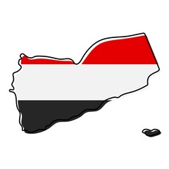 Stylized outline map of Yemen with national flag icon. Flag color map of Yemen illustration.