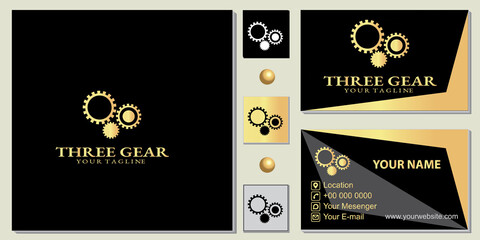 luxury gold three gear logo premium template with elegant business card vector eps 10