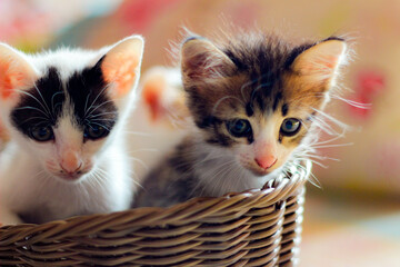 Three colored kittens in a brown wicker basket