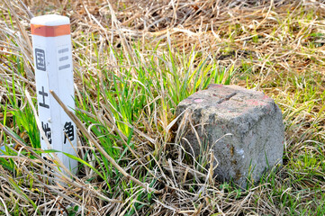 Fototapeta premium 丹沢山地の三角点 鉄砲木ノ頭の山頂 三等三角点 中野村（二） 鉄砲木ノ頭（明神山）山頂 三等三角点 中野村（二） 