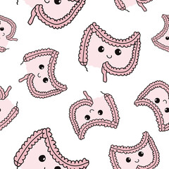 Cute bowel texture repeating pattern for gastroenterologist background. Fun gut shaped doodles, internal organ wallpaper