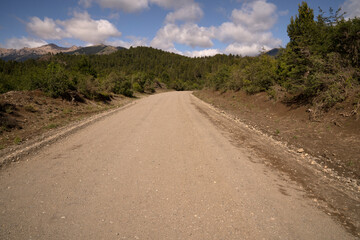 View of the dirt road across the hills and forest in a sunny day. 