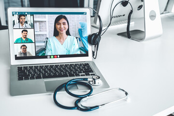 Fototapeta Telemedicine service online video call for doctor to actively chat with patient via remote healthcare consultant software . People can use app to contact doctors for virtual meeting from home . obraz