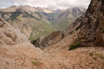 View of the Andes mountain range from Bella Vista hill rocky peak, in Bariloche, Patagonia Argentina. 