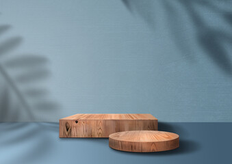 Wooden exhibition podium Cosmetic display product. Group Wood pedestals.. 3D Background. Branch shadow with Leaves. Stand with Wood texture. Tropical Leave. 3D rendering. Blue Cosmetic showcase