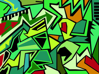 Green tones form graffiti tribal. Fabric patterns and backgrounds