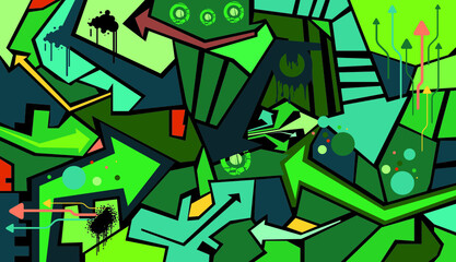 Green tones form graffiti tribal. Fabric patterns and backgrounds