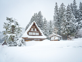 雪が降る越中五箇山相倉合掌造り集落の風景