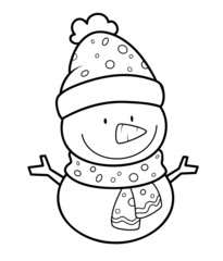 Christmas coloring book or page. Christmas snowman black and white  illustration