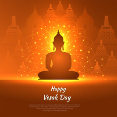 Celebration Vesak Day Design. Vesak Day background vector illustration with temple and shinny Lord Buddha silhouette.