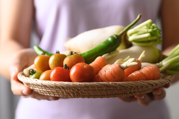 Obraz na płótnie Canvas Fresh organic vegetable from local farmer market in basket holding by woman hand