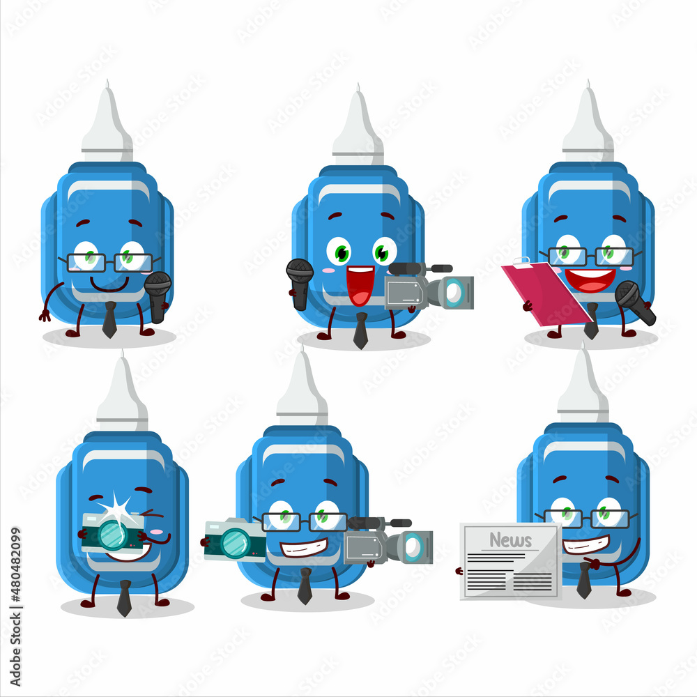 Sticker character reporter blue correction pen cute mascot with microphone