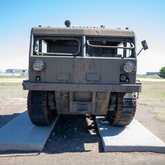 Lexington, Nebraska - April 29 2021: Army Marines military truck at Heartland Museum of Military Vehicles. M 4 High speed tractor.  - obrazy, fototapety, plakaty