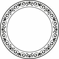 Vector round monochrome european frame. Greek floral meander pattern. Circle with abstract floral Roman ornament.
