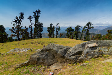 Fototapeta na wymiar Huge rock on Bugyal, alpine pasture lands, or meadows, in higher elevation range of Himalayas in Uttarakhand, called nature's own gardens. View of Himalayas on Trekking route to Tunganath.