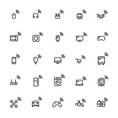Internet of things. Smart devices with wireless connections. 25 pixel perfect, editable stroke minimalistic icons