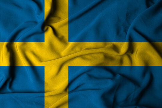selective focus of swedish flag with waving fabric texture. 3d illustration