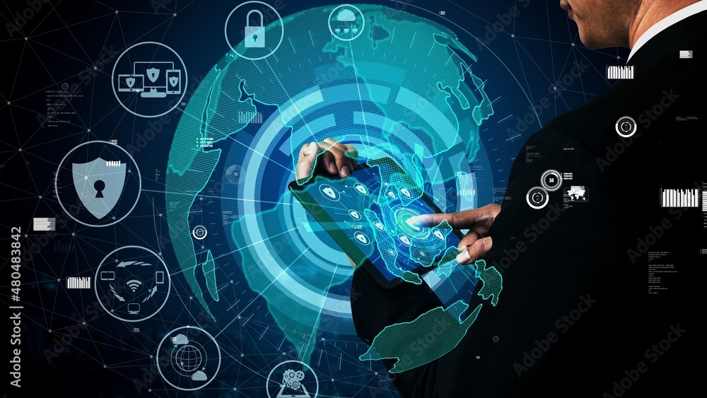 Poster cyber security encryption technology to protect data privacy conceptual . 3d render computer graphic