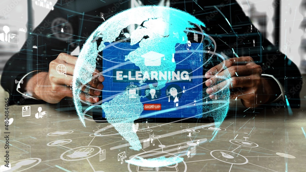 Poster e-learning and online education for student and university conceptual. graphic interface showing tec