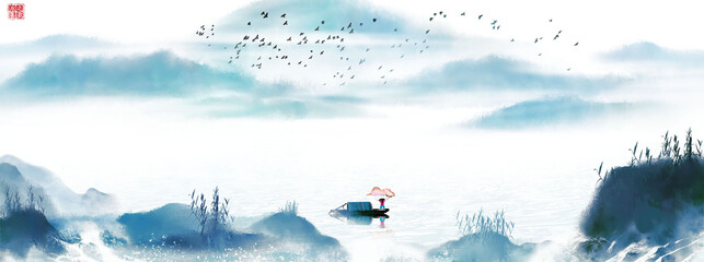 Chinese wind blue landscape painting