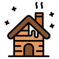 Cabin wood christmas snow filled line color icon
