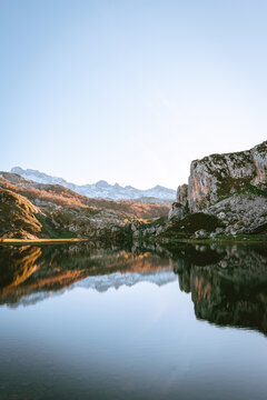 Beautiful landscape Cangas de Onis. Scenic view of La Ercina lake (Lago la Ercina), Spain. Landscape in the mountains of the National Park with the name Picos de Europa © irengorbacheva