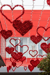 Outdoor street decoration red tinsel heart for valentine's day