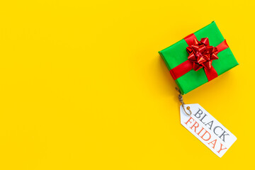 Sale label tag with gift box. Discount shopping day concept