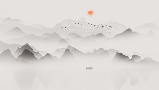 Chinese style ink landscape painting