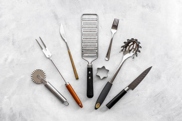 Set of stainless utensils cookware and tools, flat lay