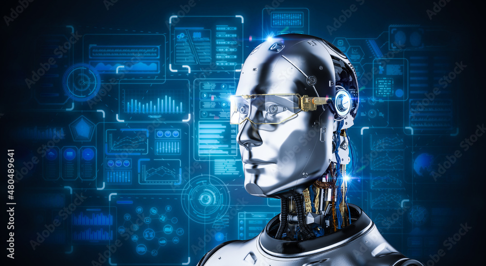 Poster artificial intelligence robot or cyborg with graphic display