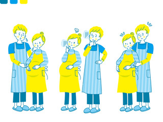 心配する妊婦と寄り添う夫の表情セット