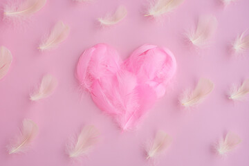 Heart shape made of pink feathers, fuzz, fluff on pink background. Pattern of white feathers. Love heart, valentine, romantic background/ Valentines day concept
