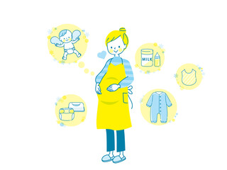 出産の準備を考える妊婦とベビー用品セット