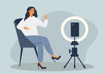 vector flat style illustration on the theme of blogging, shooting video content. girl blogger shoots video on a smartphone.
