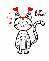  Vector illustration of cute tabby cat for Valentine's day. Valentine's Day card. Kid's illustration of a cat in doodle style.