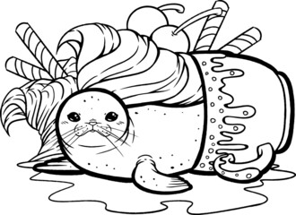 Sundae Seal with Ice Cream, Wafer Rolls and Cherries Line Art Coloring