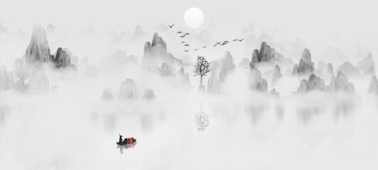 Hand drawn background of Chinese style ink landscape painting