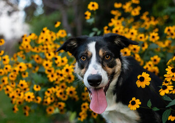 Border collie in front of yellow flowers