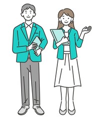 スーツ姿で働く会社員が案内したりガッツポーズをとるベクターイラスト素材／ビジネス／ビジネスパーソン／人々