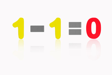 One minus One equals zero 1-1=0. 3D Illustration. Isolated on white background. Image of simple math addition operation for kids, math operation to enhance brain skills. Plus, minus, multiply, divide.