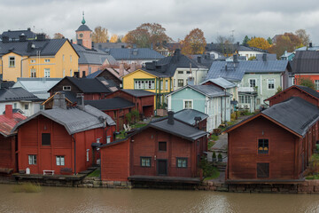 Fototapeta na wymiar Cloudy October day in the center of old Porvoo. Finland