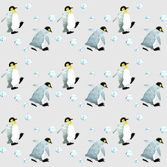 キングペンギンのシームレスパターン　手描き水彩イラスト背景素材　かわいい動物柄テキスタイル