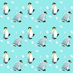 キングペンギンのシームレスパターン　手描き水彩イラスト背景素材　かわいい動物柄テキスタイル