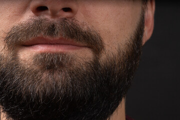 Perfect beard. Close-up of bearded young man. Close up on handsome hipster male beard. Stylish well-groomed beard. Closeup bearded men.