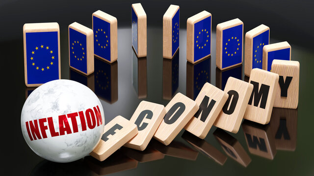 EU Europe and inflation, economy and domino effect - chain reaction in EU Europe set off by inflation causing a crash - economy blocks and EU Europe flag, 3d illustration