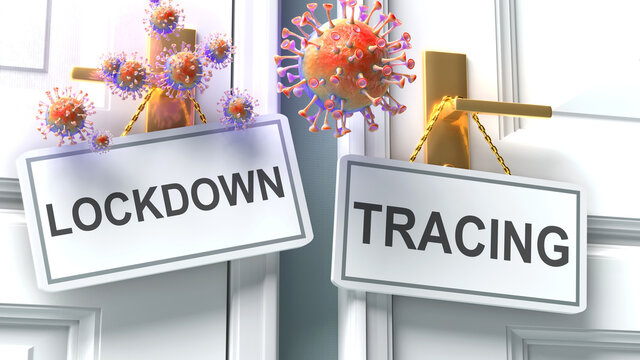 Covid lockdown or tracing - virus pandemic outcome and two future alternatives presented as 'lockdown' and 'tracing' door handle labels, 3d illustration